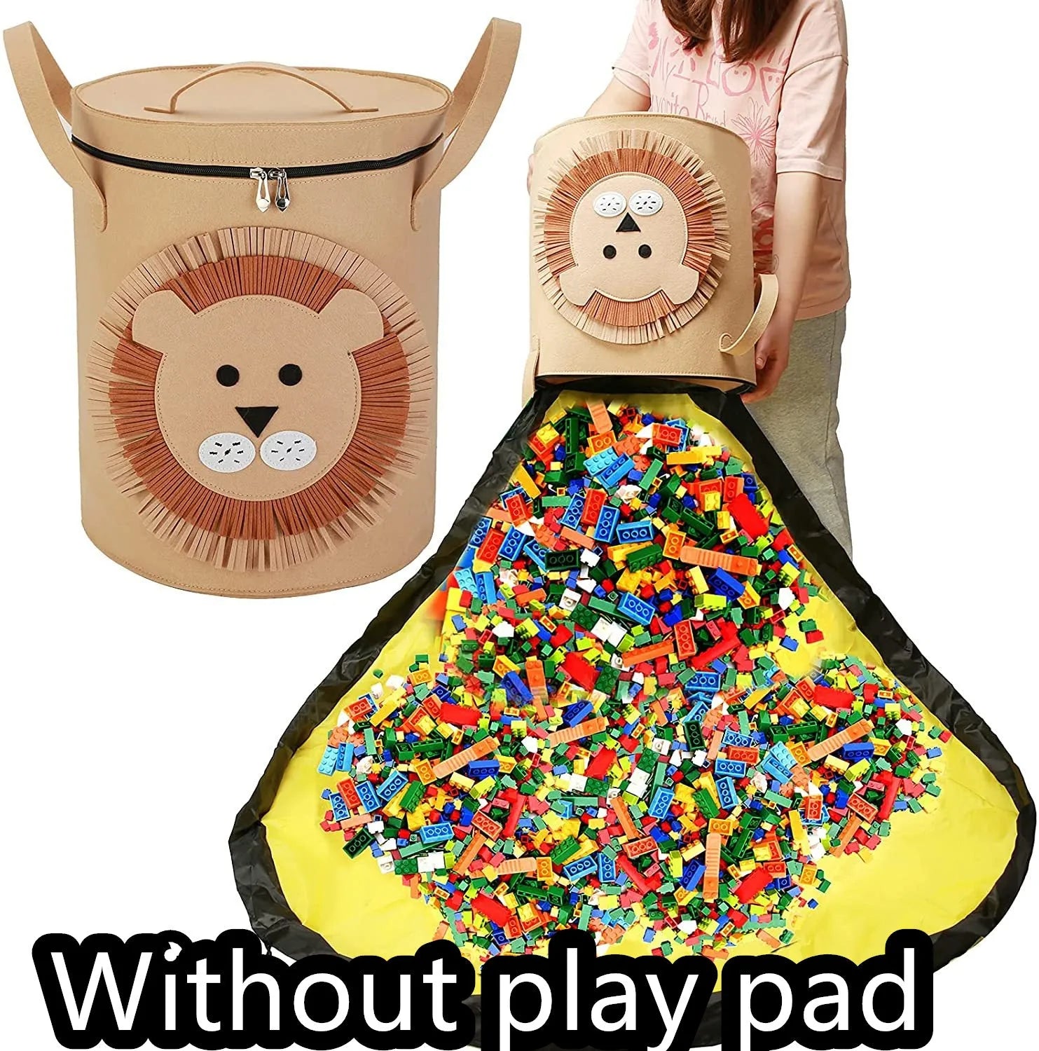 Green felt storage bag cinched closed with pull rope, shown next to it laid flat as a play mat