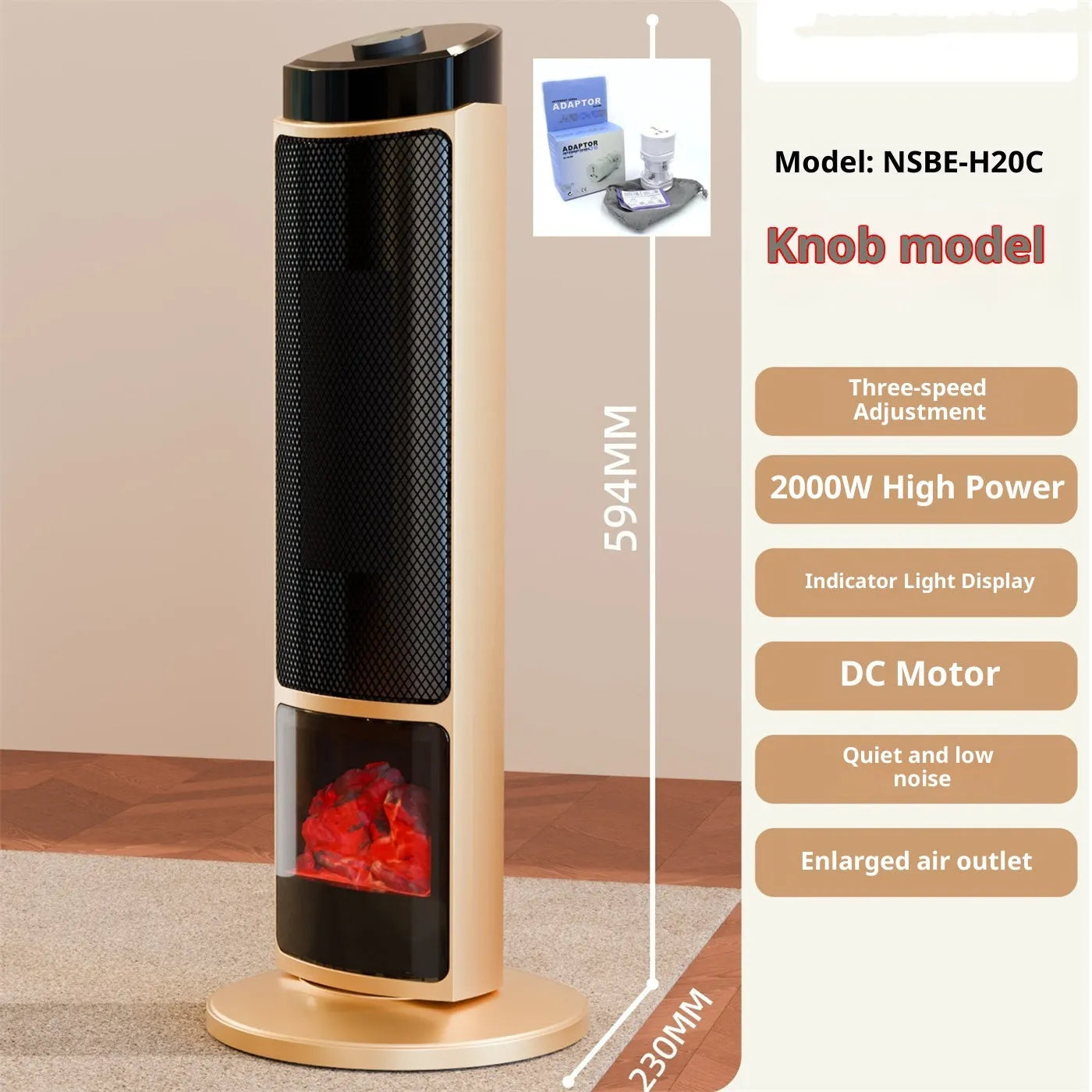 Golden knob style PTC heater warm air blower with remote control, 230x594mm