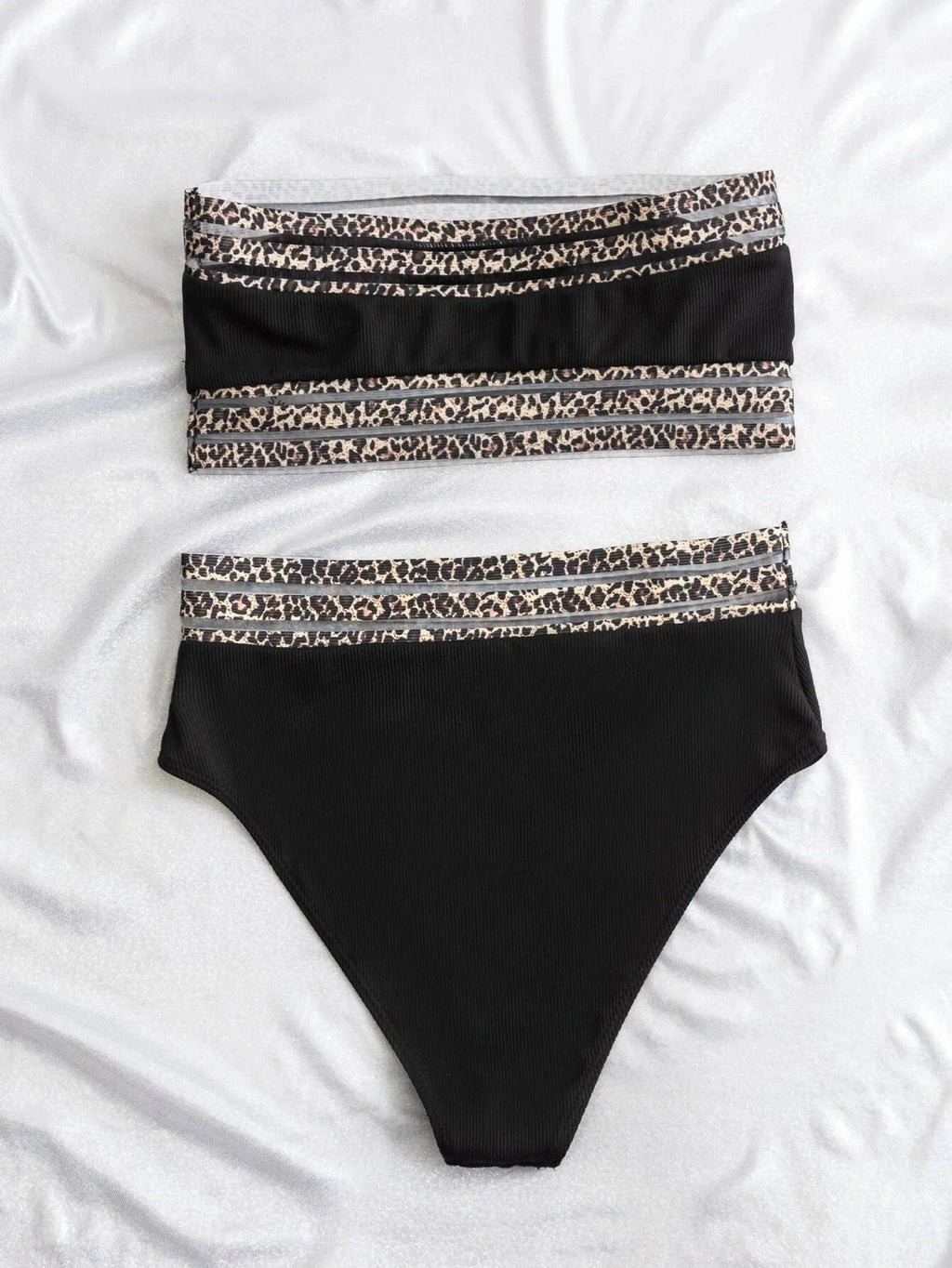 Black strapless bikini set with leopard print detail on briefs
