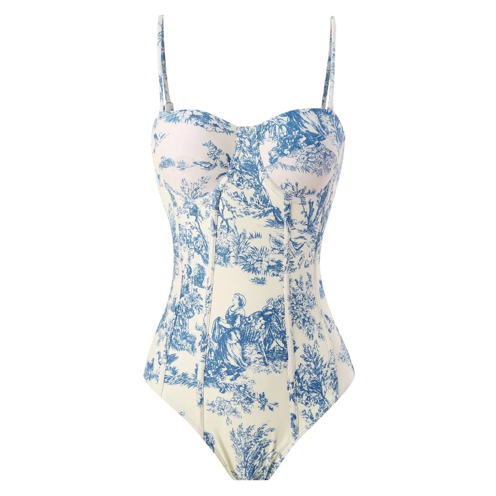 Blue patterned one-piece swimsuit for women with a matching gauze skirt