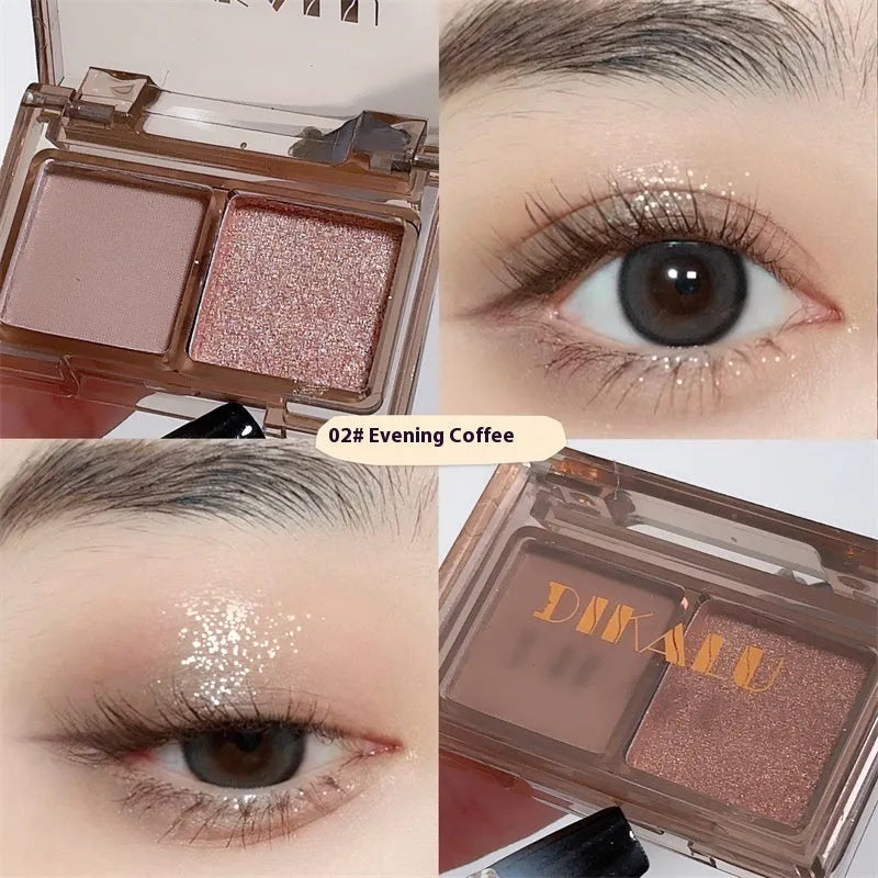 Cool two-tone eye shadow plate showing five colour classifications with matte and shimmer finishes