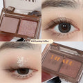 Cool two-tone eye shadow plate showing five colour classifications with matte and shimmer finishes
