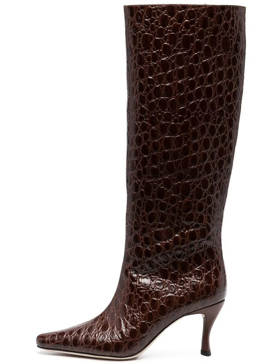Women's square toe ankle cowboy boots in microfiber, shown in multiple colours including black, grey, and snake pattern.