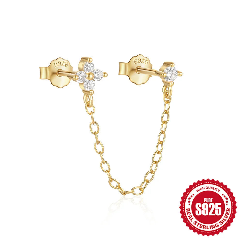 S925 sterling silver geometric ear clip stud earrings with flower and tassel design in electroplated gold colour