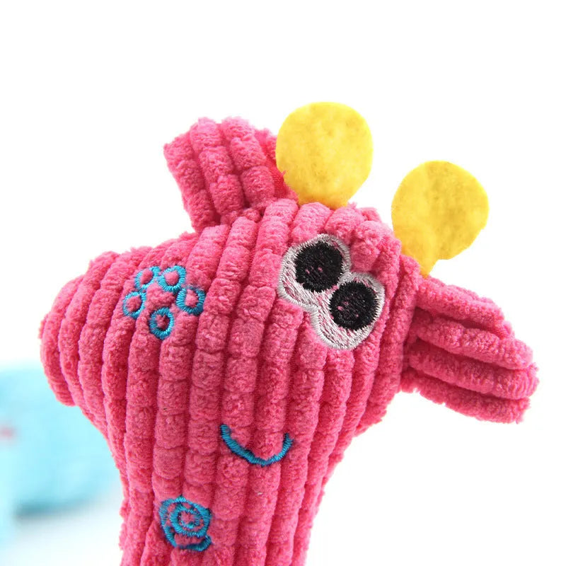 Blue plush deer-shaped dog toy with corn grain texture and sound function.