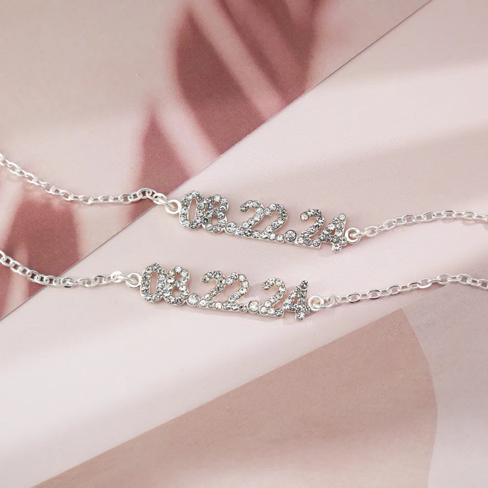 Stainless steel digital bracelet necklace with diamond studded numbers in gold, rose gold, or steel