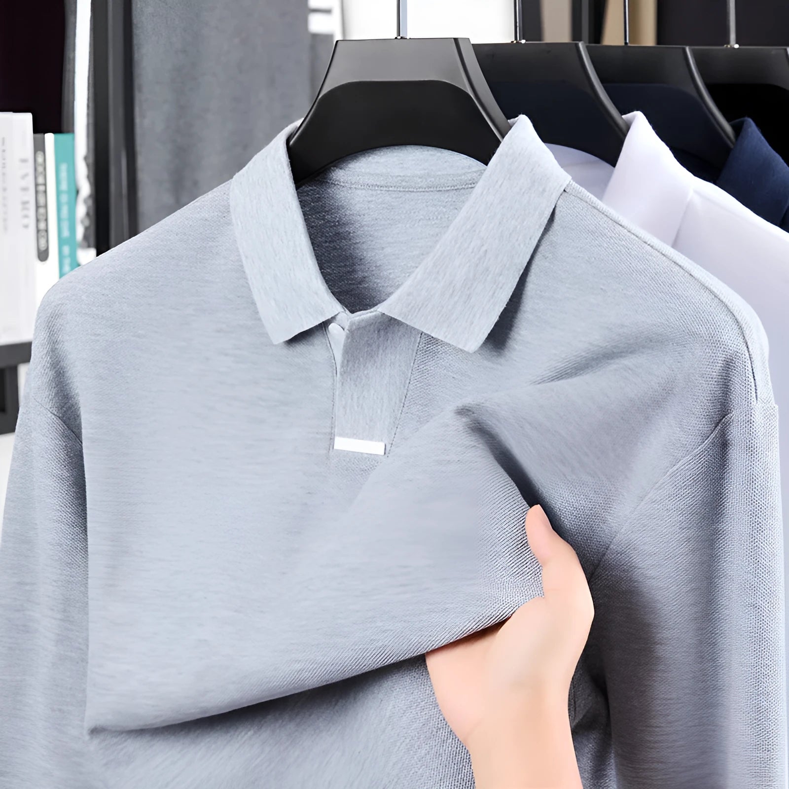 Men's loose fit cotton polo shirt with lapels and long sleeves in multiple colour options