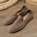 Handmade men's low-top casual shoes in khaki and grey with a cowhide lining and rubber sole.