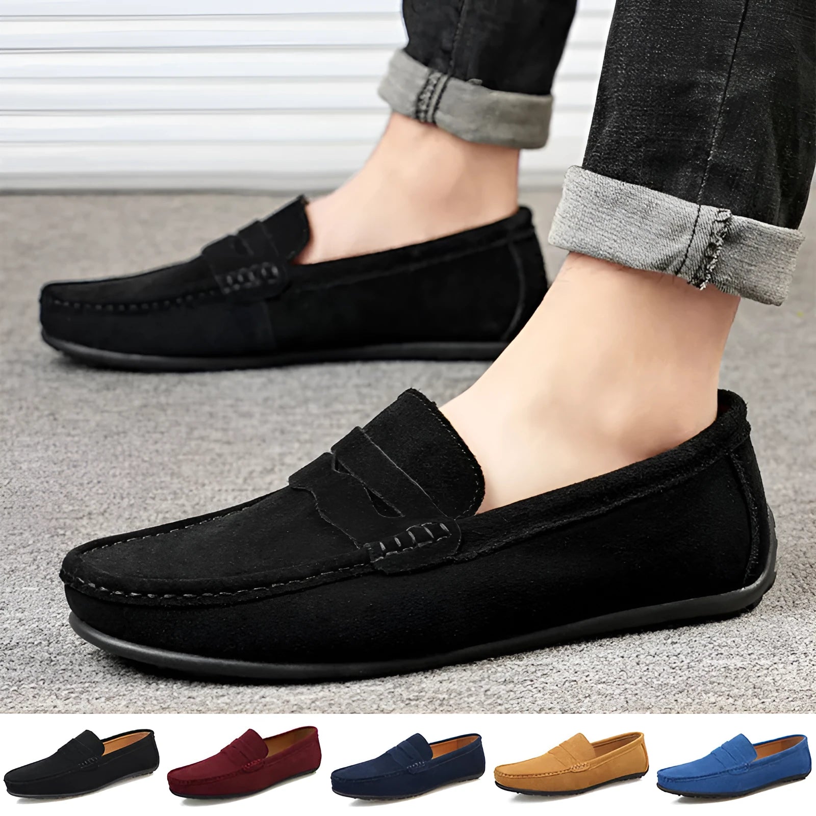 Men's solid colour suede loafers with round toe and rubber sole on a neutral background.