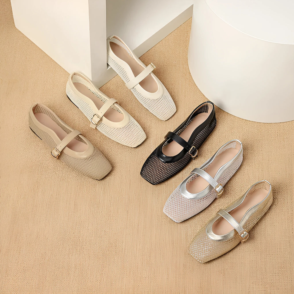Women's mesh breathable summer shoes with buckle fastening and flat low heel