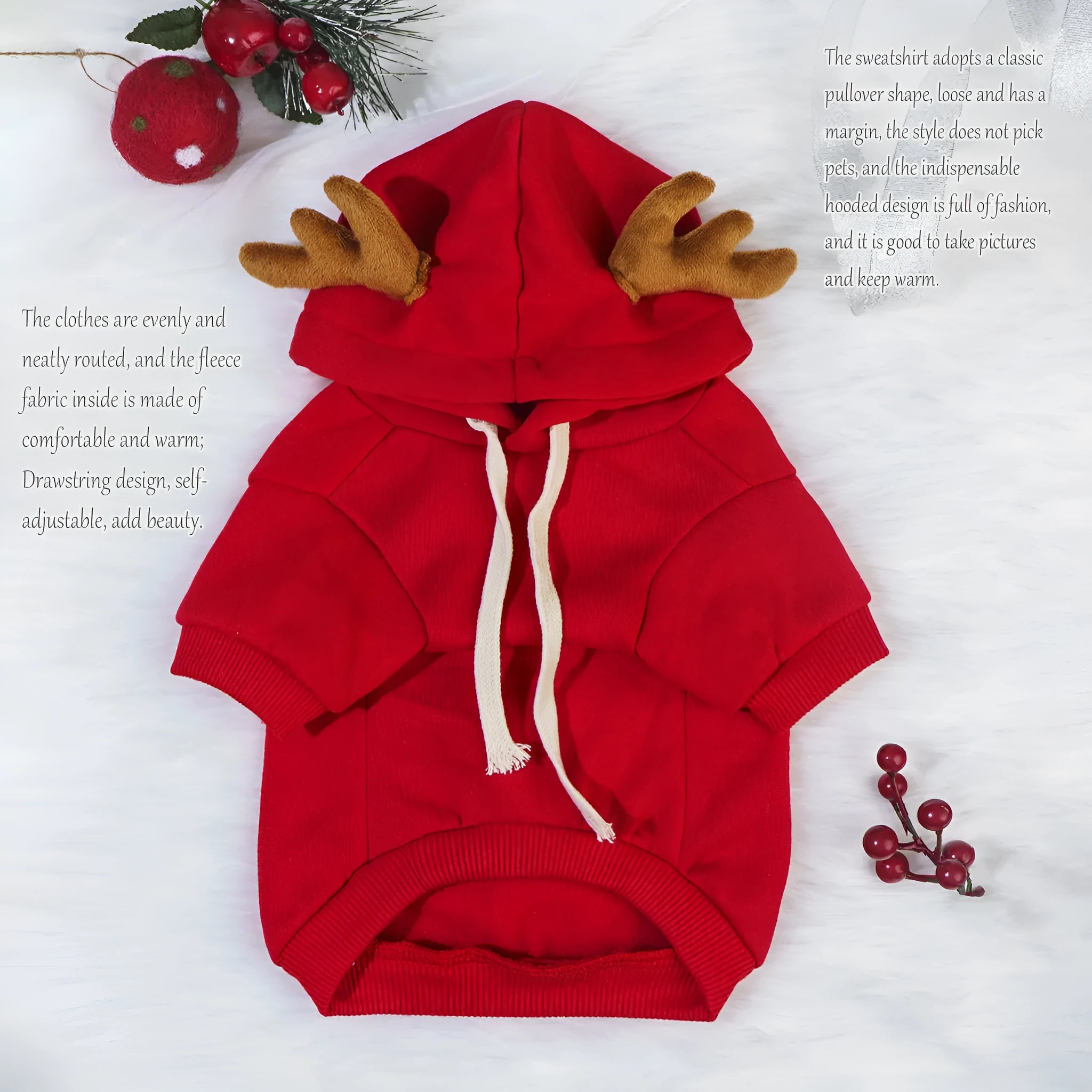 Red polyester cotton elk-themed pet costume for Halloween or Christmas, available in multiple sizes