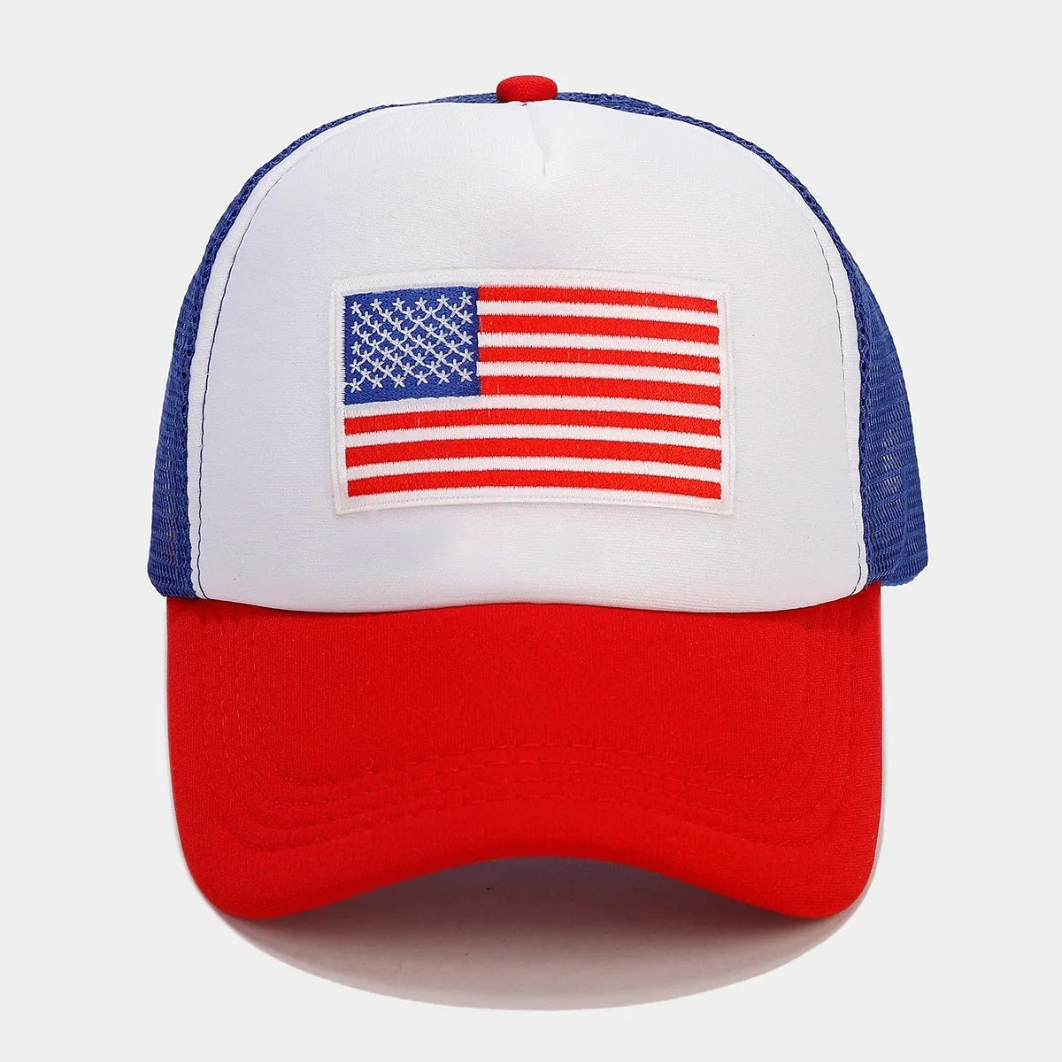 Red and blue Space Cotton mesh baseball cap with adjustable sizing and dome crown