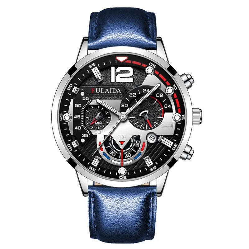 Men's casual quartz watch with genuine leather strap, rose gold buckle, 37mm dial and calendar display