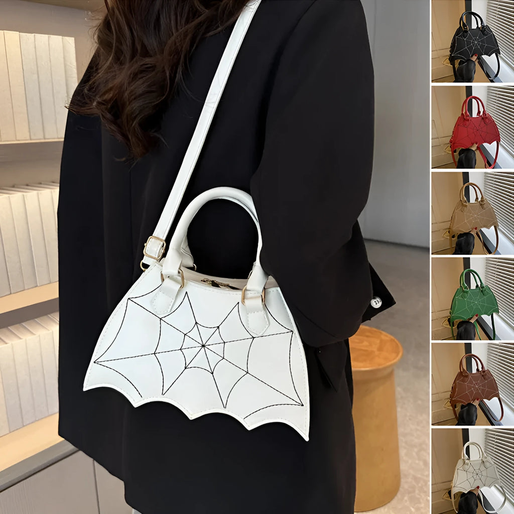 Women's small square PU saddle bag with spider web pattern, crossbody strap, and top handle, available in six colours including black and red