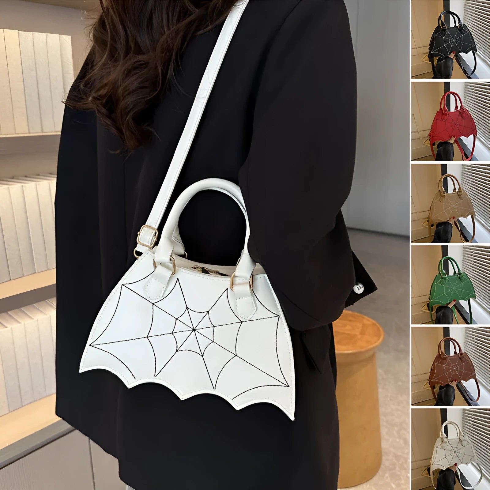 Women's small square PU saddle bag with spider web pattern, crossbody strap, and top handle, available in six colours including black and red