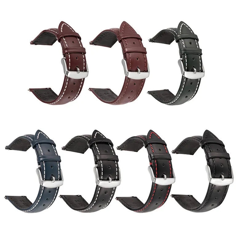 Quick release watch strap in cowhide leather showing buckle and multiple colour options including black, brown, and blue with white thread.