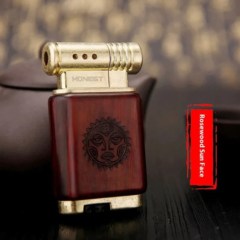 Ebony gas lighter in black wood and rosewood decorative designs
