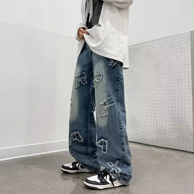 Blue men's loose retro wide-leg cotton casual trousers with mid-rise waist