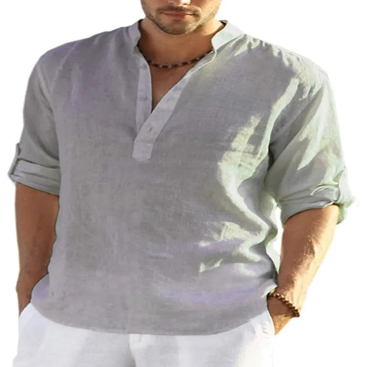 Men's casual cotton linen shirt in light blue with stand collar and button detail