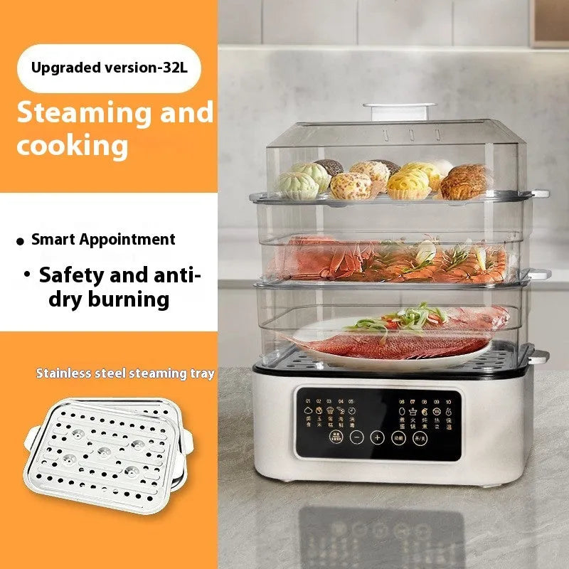 Household electric food steamer with stainless steel rack showing 10-litre capacity and control panel.