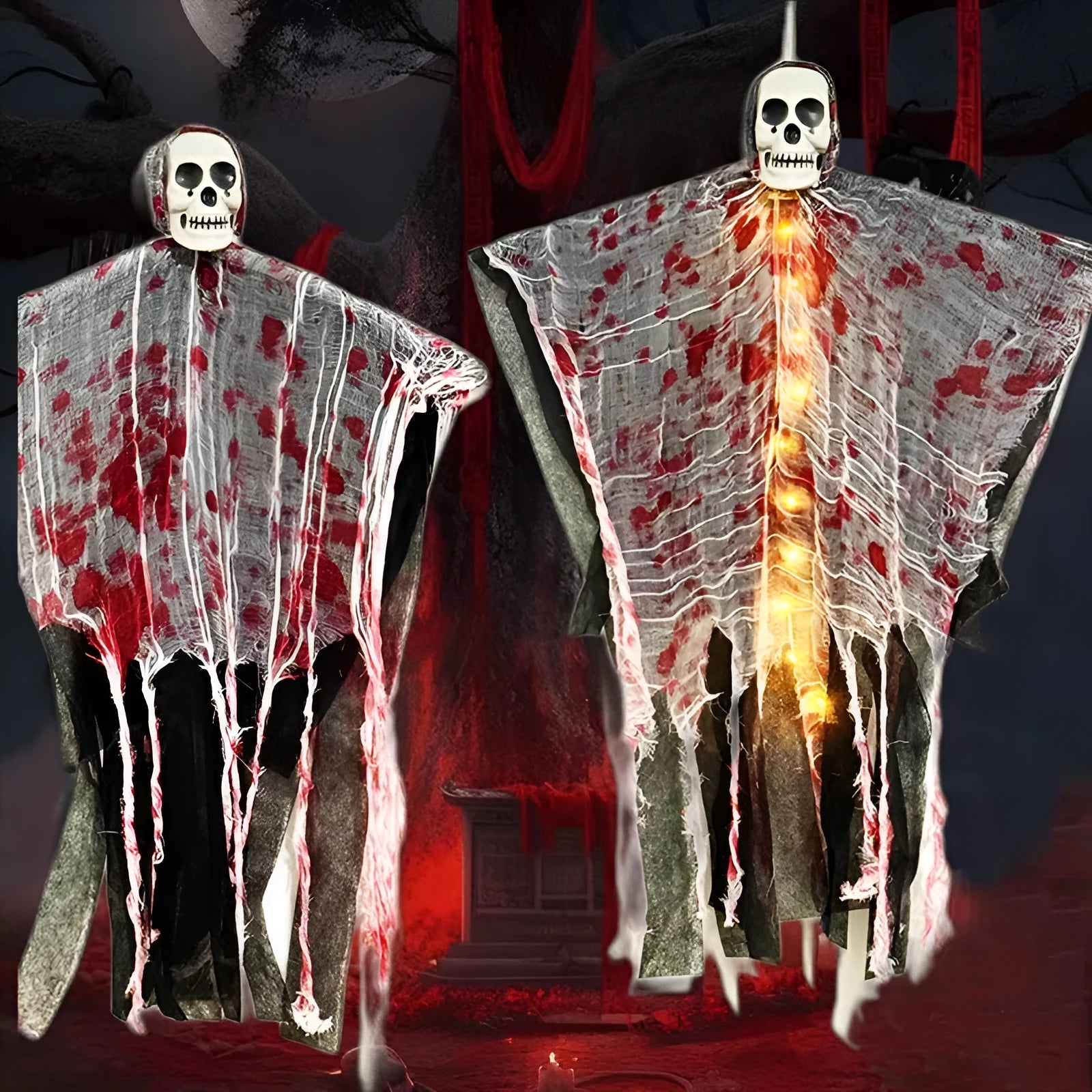 Blood-dyed luminous skull hanging ghost Halloween ornament for outdoor display