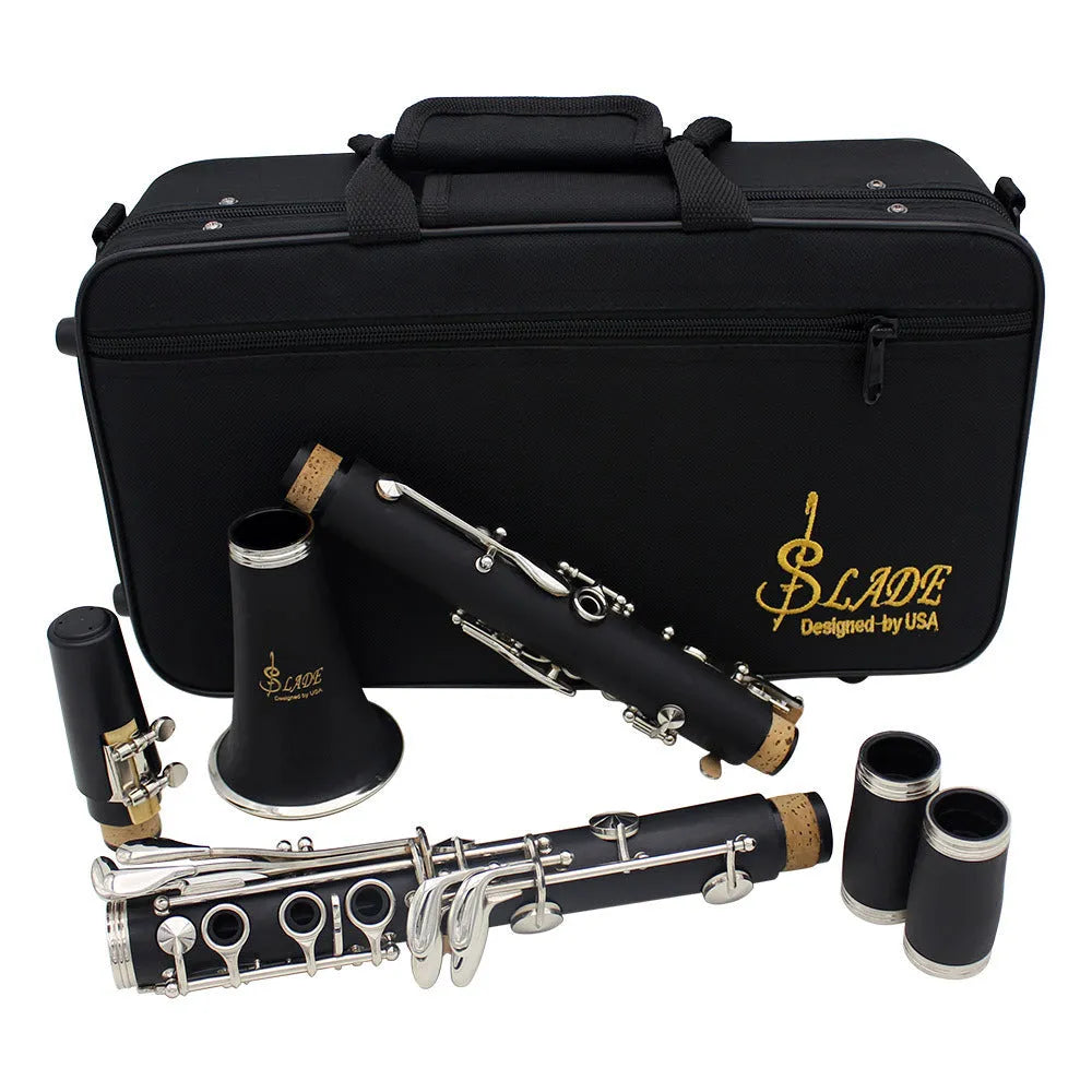 Black Bakelite beginner clarinet with 17 nickel-plated keys and a carrying bag.