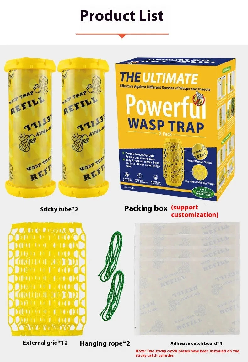 Hanging hornet catcher with sticky catcher and outer mesh for wasps and small flying insects in outdoor settings