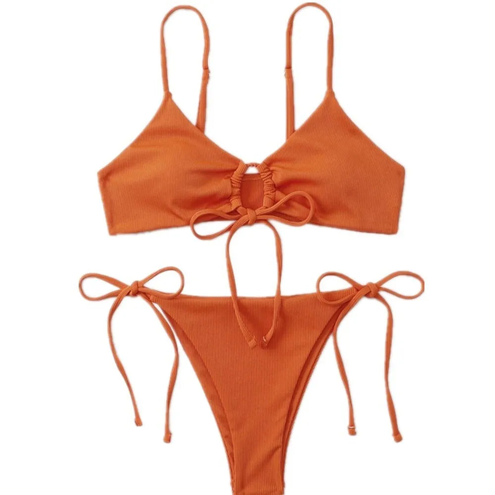 Women's solid colour drawstring bikini set in army green, showing briefs style and backless design for swimming.