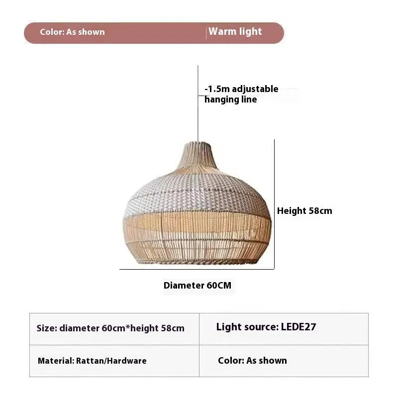 60cm diameter woven rattan chandelier with pastoral Southeast Asian style ceiling light fitting