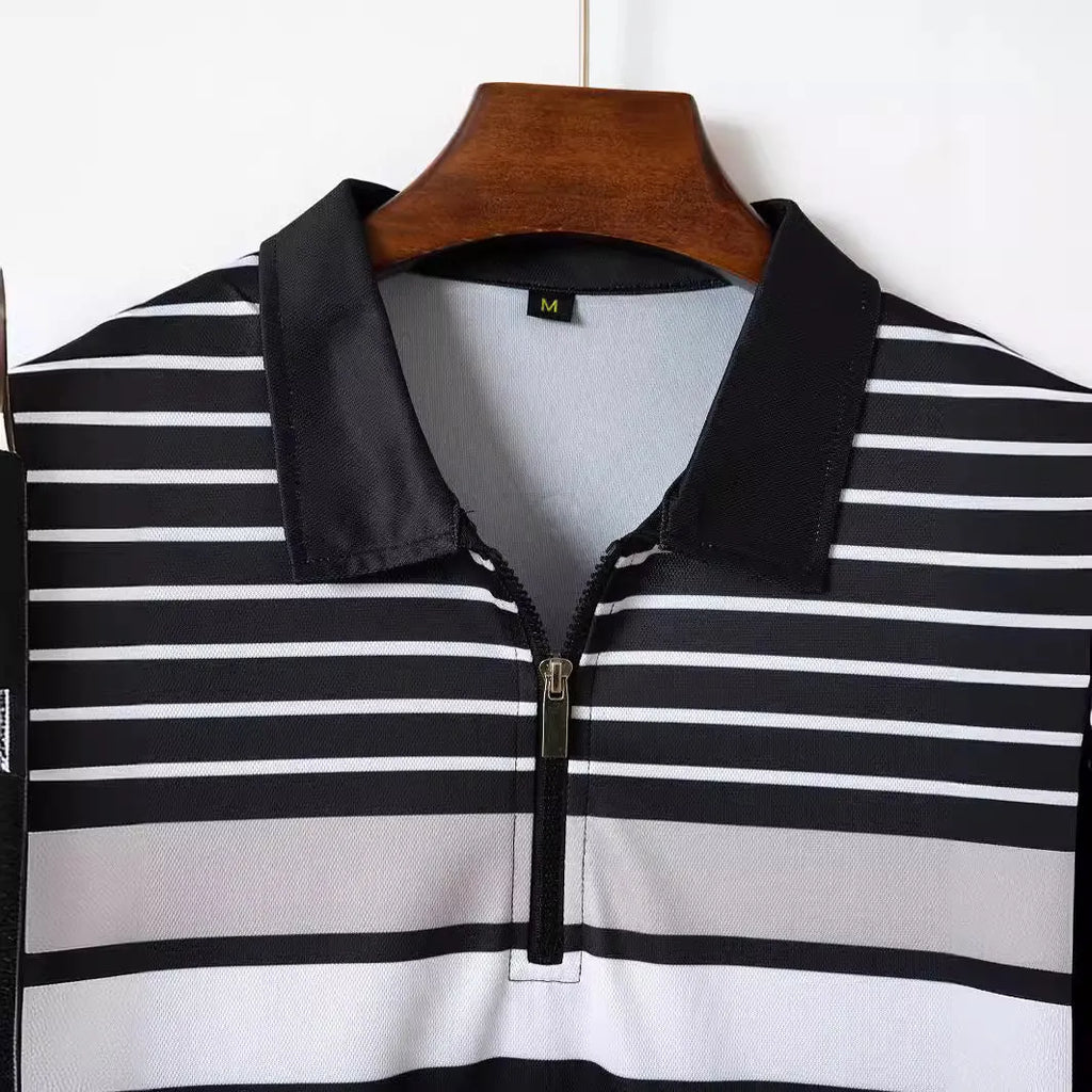 Men's black striped loose fit short sleeve polyester t-shirt on hanger, front view, sizes S to XXXL