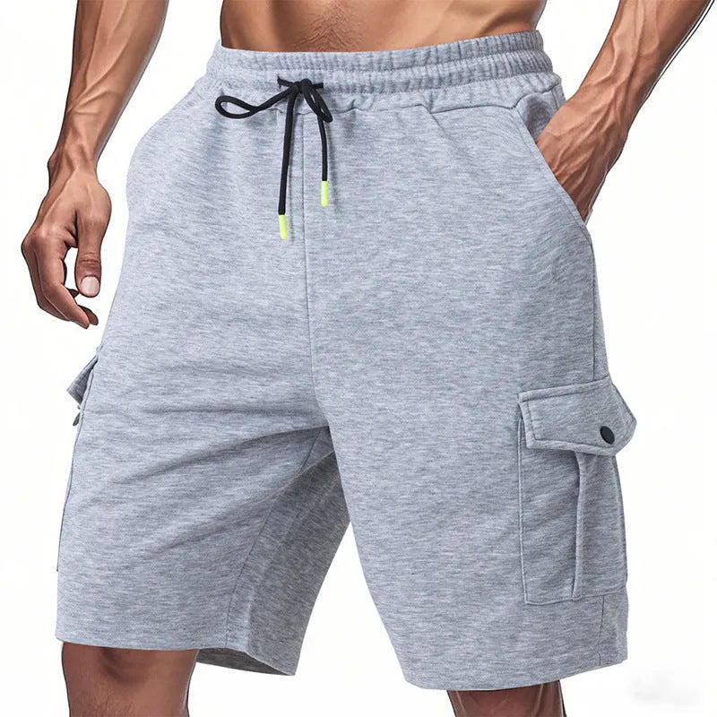 Men's loose-fit heavyweight ring fabric cargo shorts in light grey with multiple pockets.
