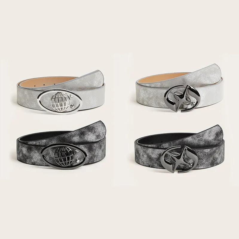 Women's wide retro belt with oval buckle in earth tone grey white colour