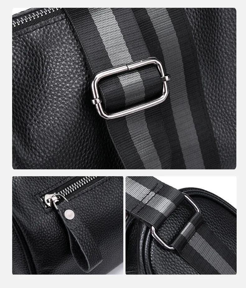 Black genuine leather crossbody bag with dimensions 24cm wide by 16cm high by 13cm deep