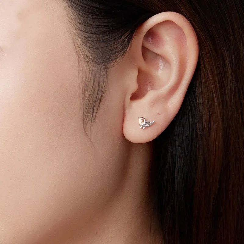 S925 sterling silver bird ear studs electroplated finish three-dimensional design side view
