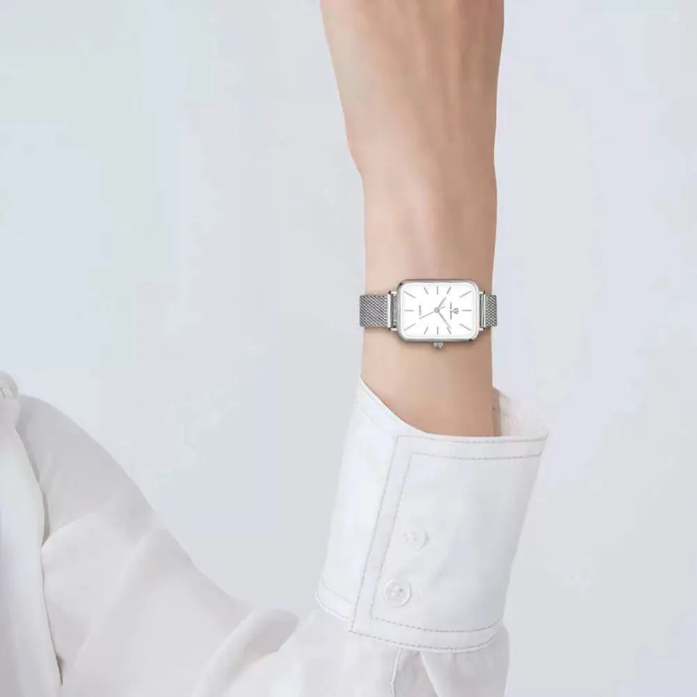 Women's waterproof quartz watch with 34mm alloy case and woven steel strap in rose gold colour