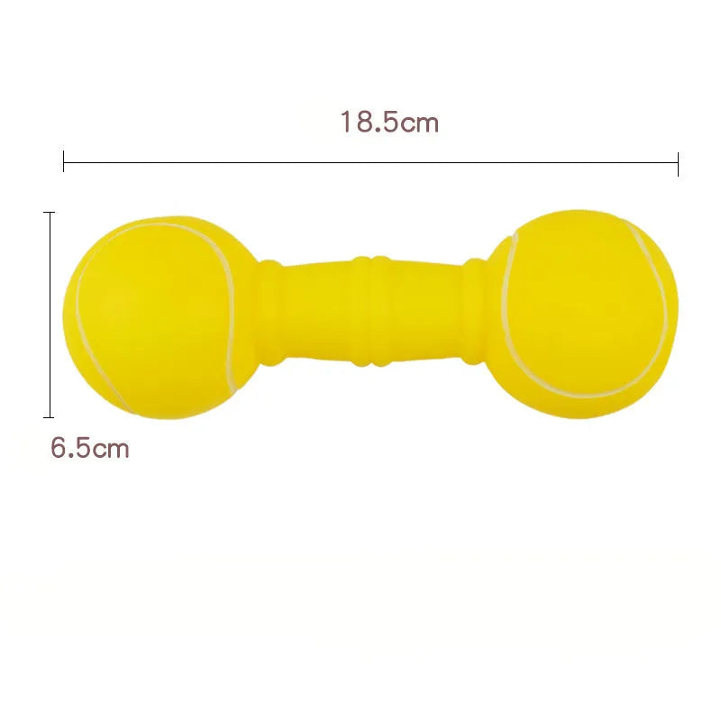 Football dumbbell shaped dog chew toy with squeaker in brown, orange, white, and yellow colour options.