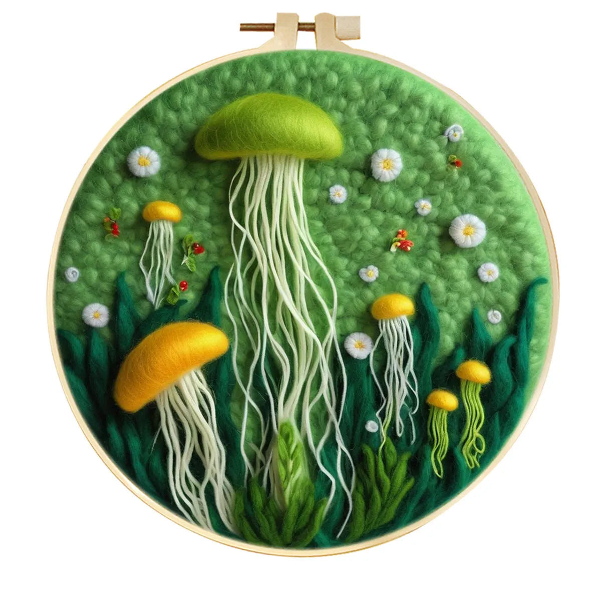 Round 20x20 cm linen embroidery kit with wool felt pieces for floral design and included embroidery frame.