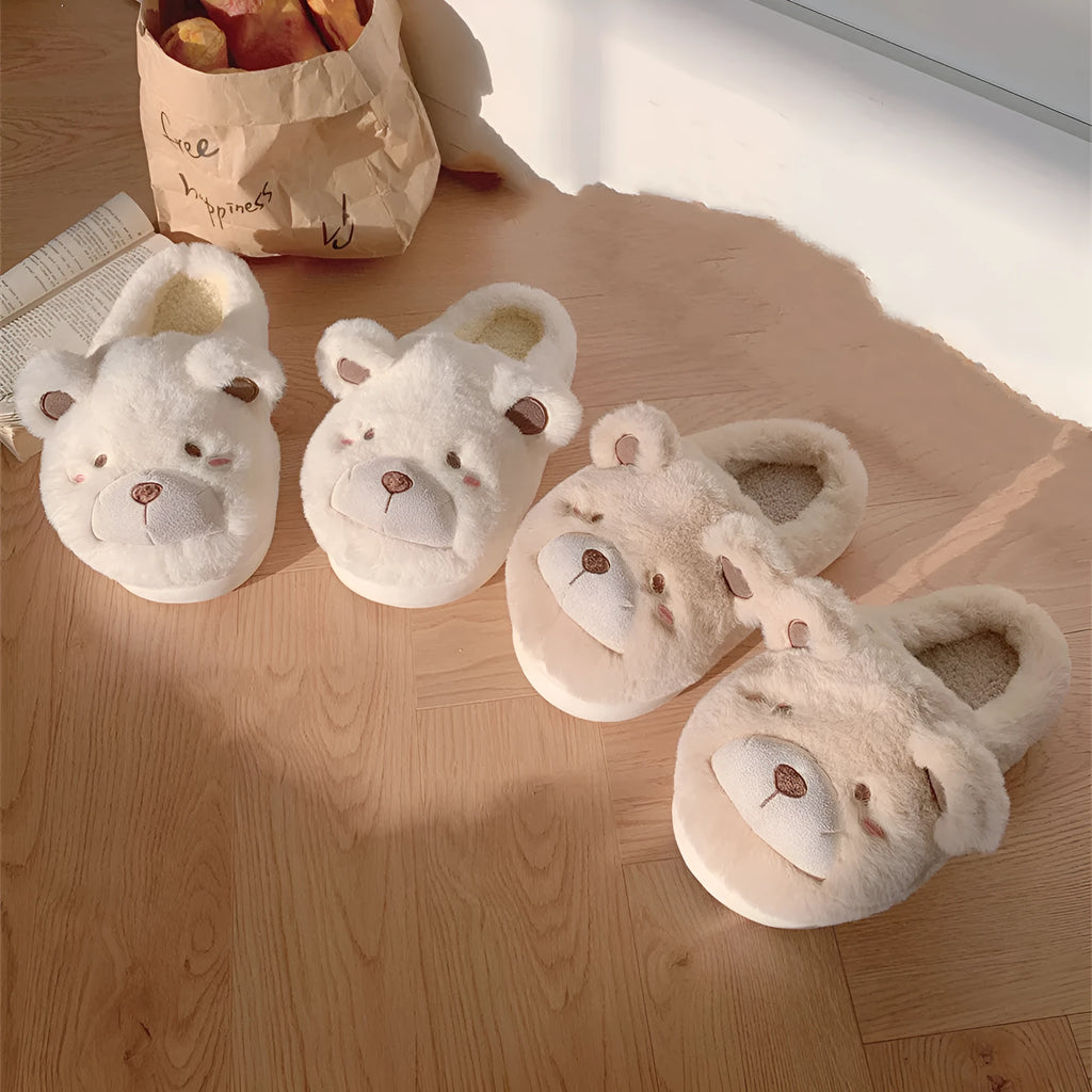 Women's cartoon pattern plush slippers with suede uppers in khaki, round toe design