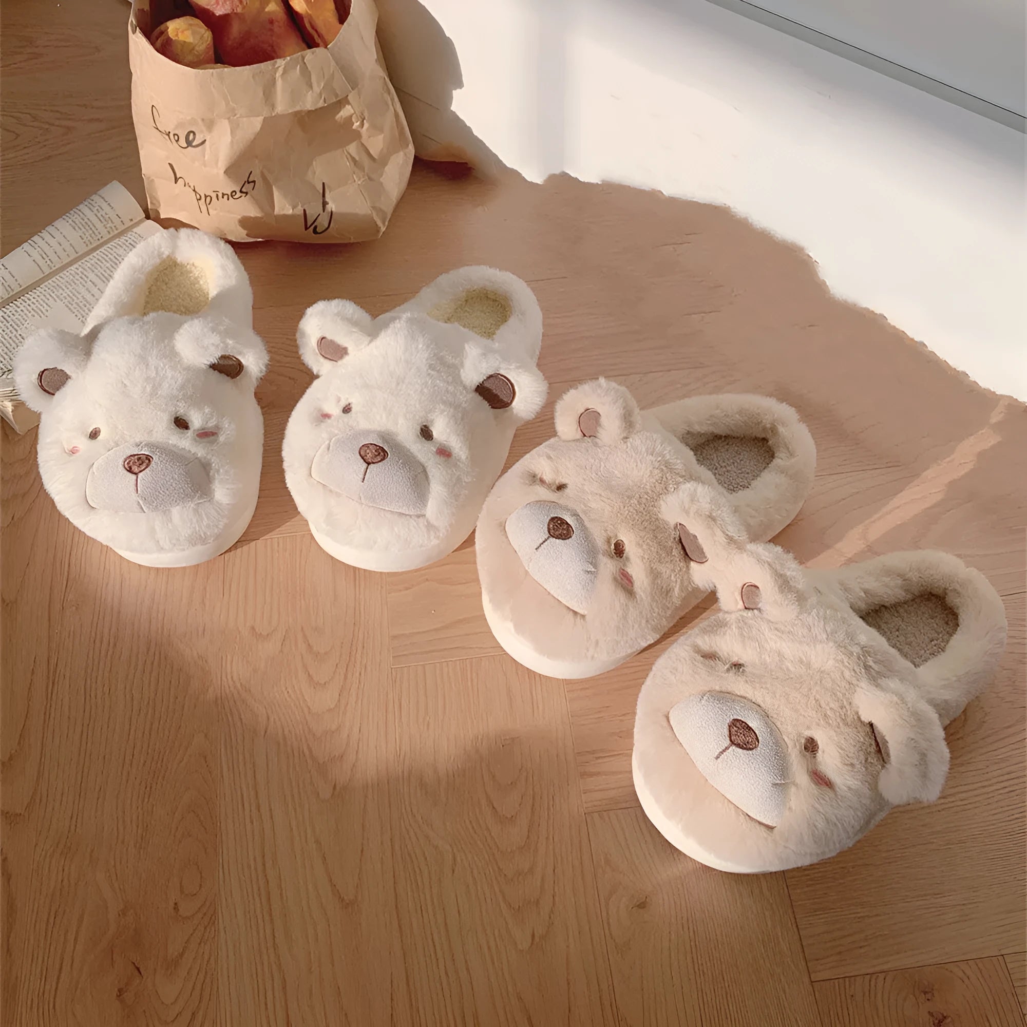 Women's cartoon pattern plush slippers with suede uppers in khaki, round toe design