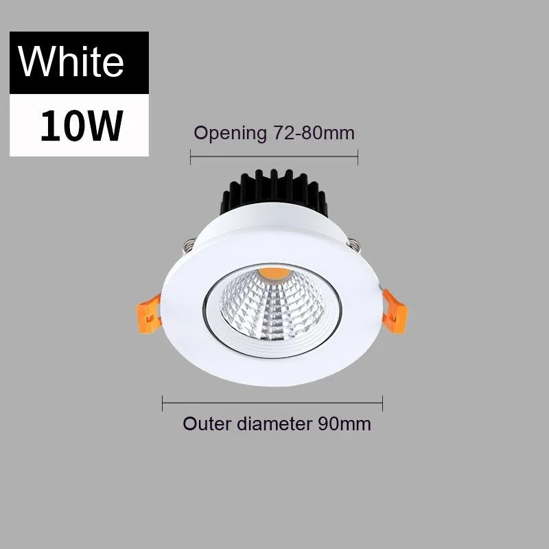 Black aluminium embedded LED ceiling spotlight with anti-glare design showing three colour temperature options