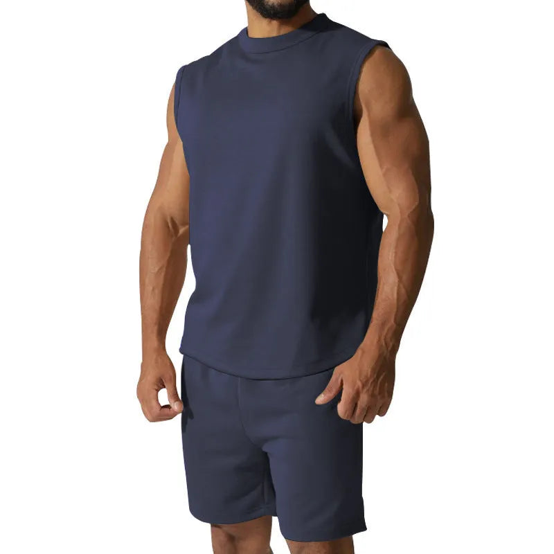 Men's sleeveless cotton blend sports top and matching shorts casual set in army green.