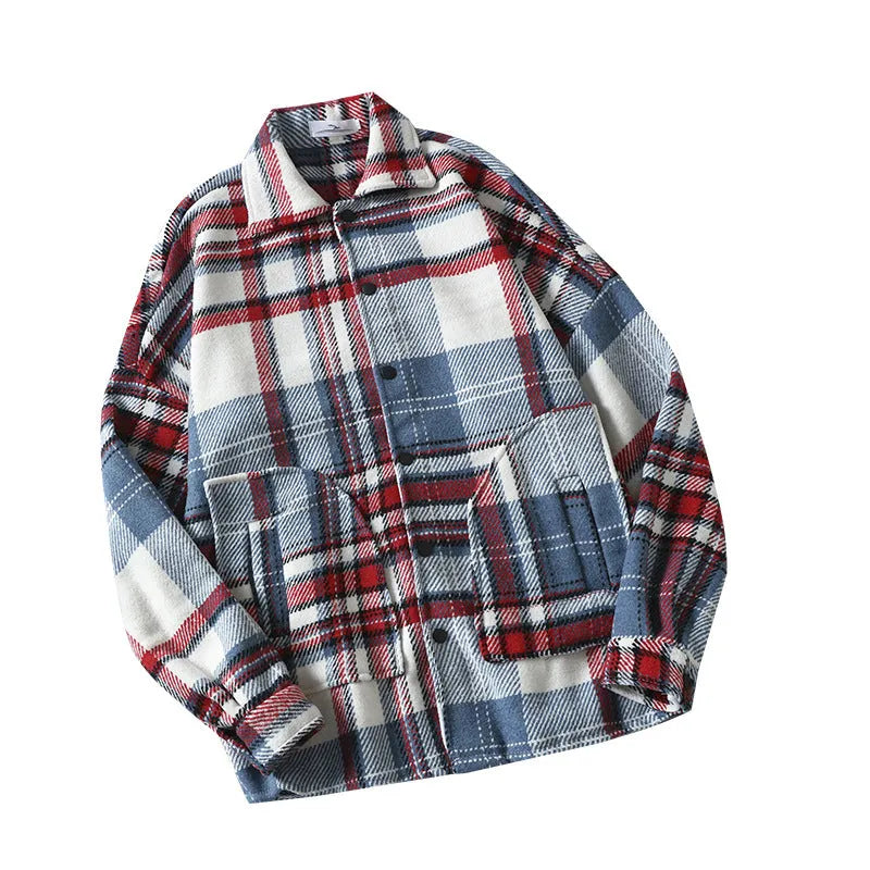 Men's autumn brushed plaid shirt in loose fit cardigan style, available in red colour