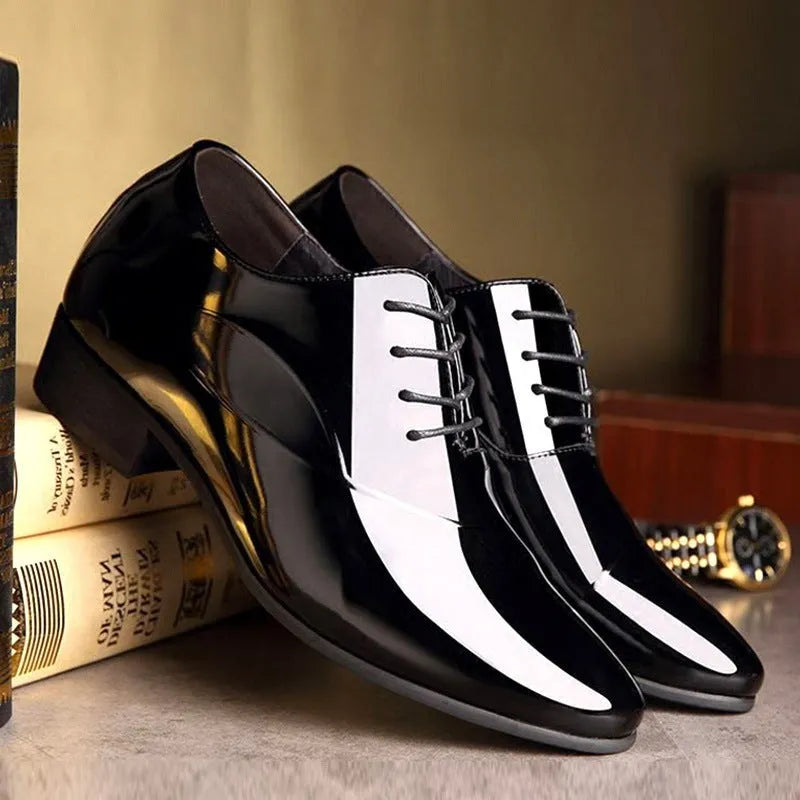 Men's black and brown business formal shoes with round toe and PU upper material