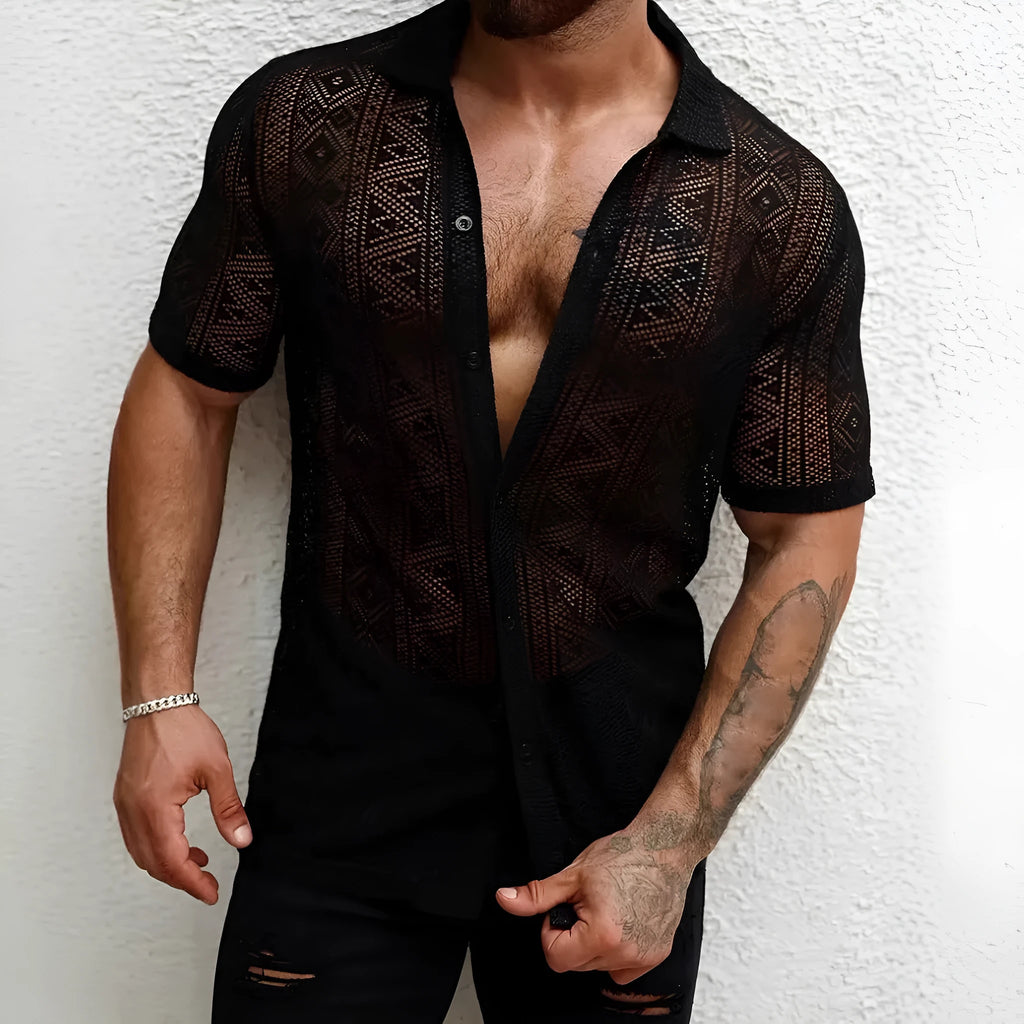 Men's black lace transparent short-sleeved cardigan shirt in polyester, front view, summer fashion style