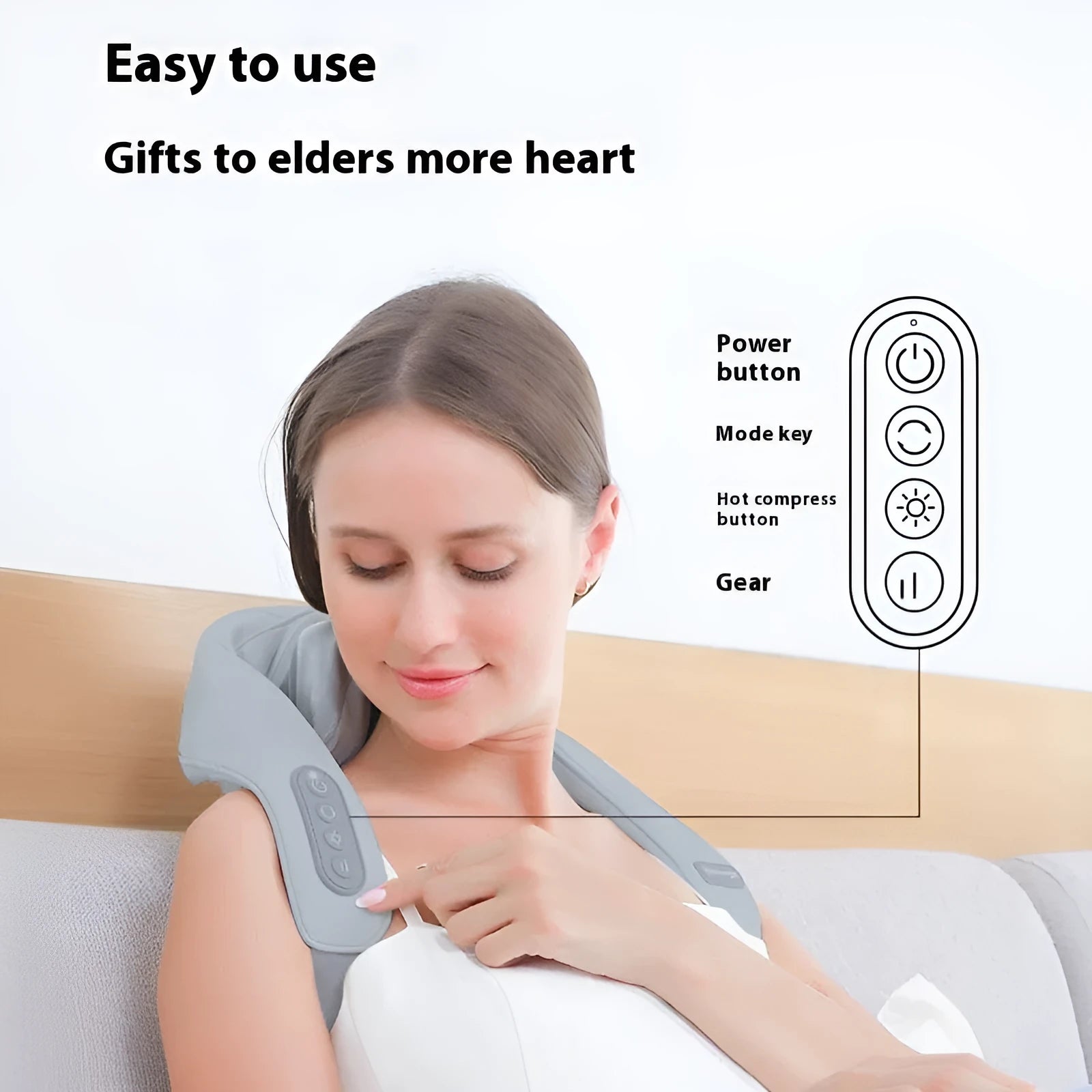 Grey elastic fabric USB neck and back massager with two speed settings and infrared function.