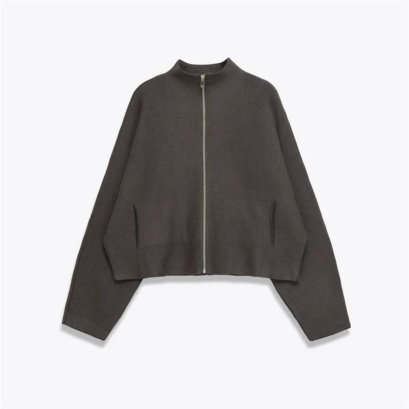 Women's stand collar zipper knitted coat with contrast stripes in a casual style