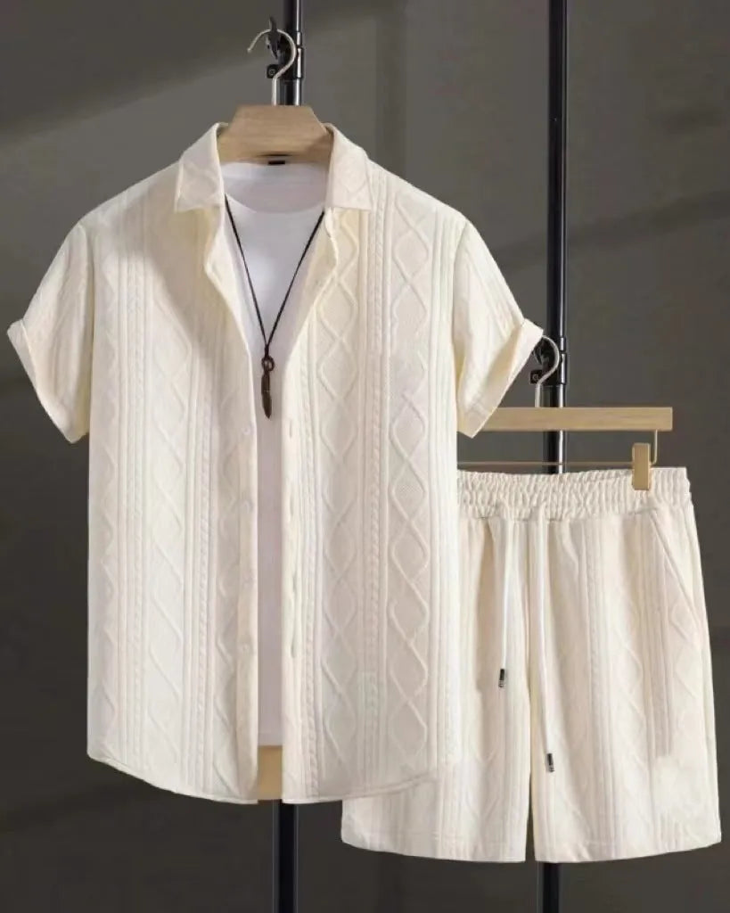 Men's jacquard pattern short sleeve shirt and matching shorts suit set in neutral colour