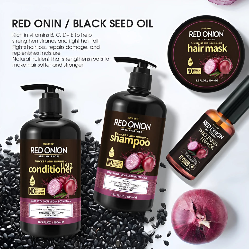 Red onion shampoo and conditioner 4-piece set including 500ml bottles, 250ml hair mask, and 50ml essential oil.