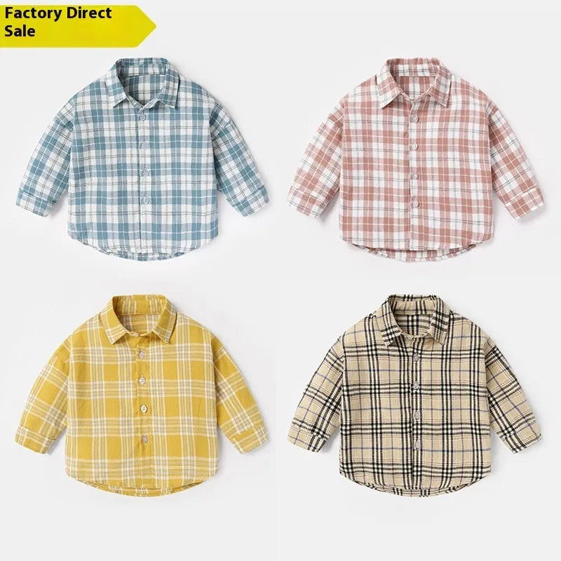 Boys' long sleeve cotton shirt with lattice pattern in khaki, light blue, pink or yellow colours