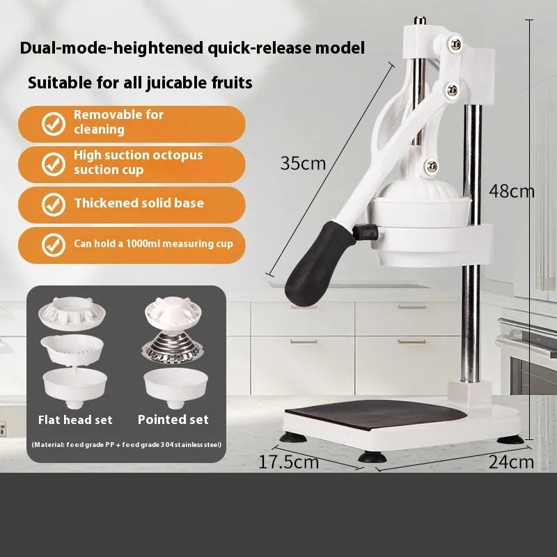 Manual stainless steel citrus juicer with 480mm long pressing arm on a countertop.